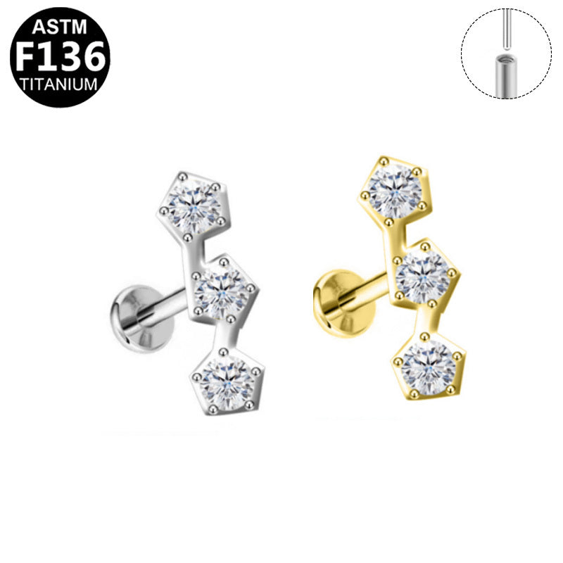ASTM F136 Titanium 16G Triple Staggered Pentagon CZ Threadless Labret Implant Grade Piercing Jewelry for Flat, Helix, Conch