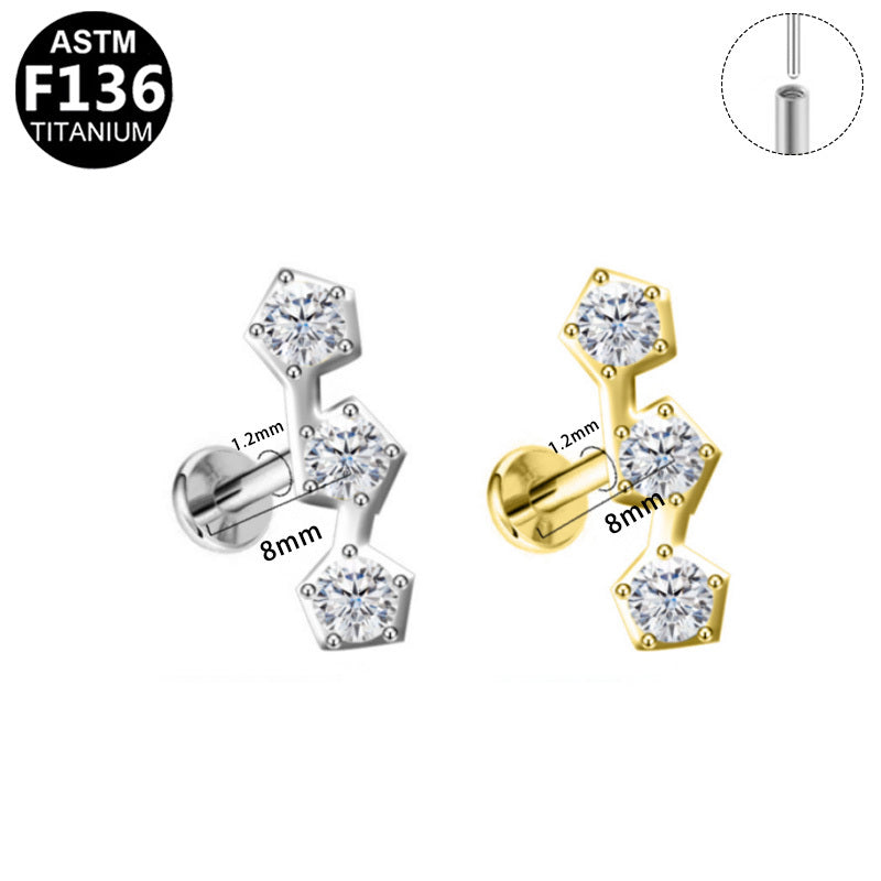 ASTM F136 Titanium 16G Triple Staggered Pentagon CZ Threadless Labret Implant Grade Piercing Jewelry for Flat, Helix, Conch