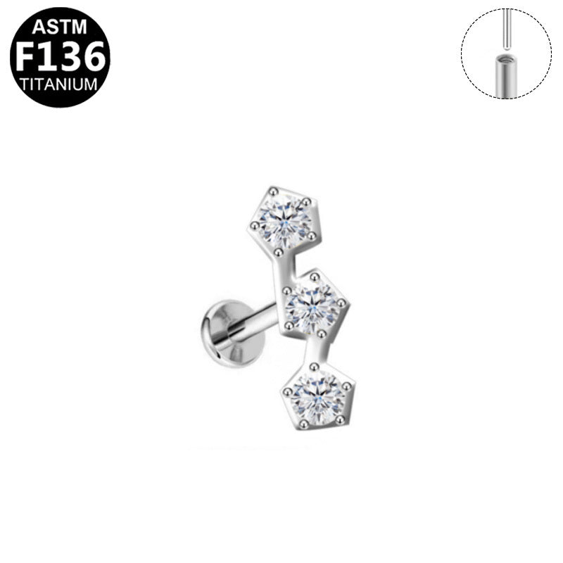 ASTM F136 Titanium 16G Triple Staggered Pentagon CZ Threadless Labret Implant Grade Piercing Jewelry for Flat, Helix, Conch