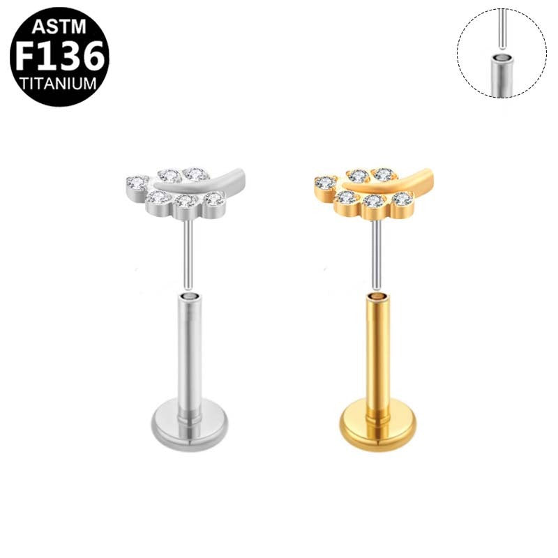 ASTM F136 Titanium 16G Leaf Branch CZ Threadless Labret Implant Grade Piercing Jewelry for Flat, Helix, Cartilage