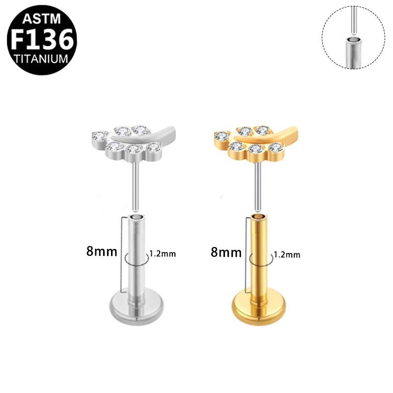 ASTM F136 Titanium 16G Leaf Branch CZ Threadless Labret Implant Grade Piercing Jewelry for Flat, Helix, Cartilage