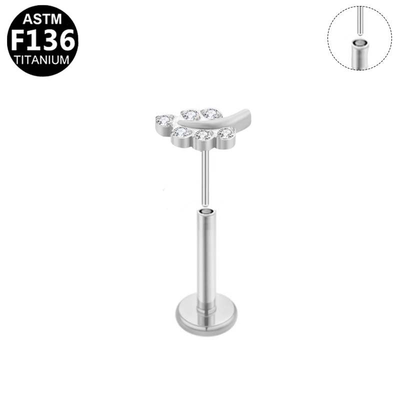 ASTM F136 Titanium 16G Leaf Branch CZ Threadless Labret Implant Grade Piercing Jewelry for Flat, Helix, Cartilage