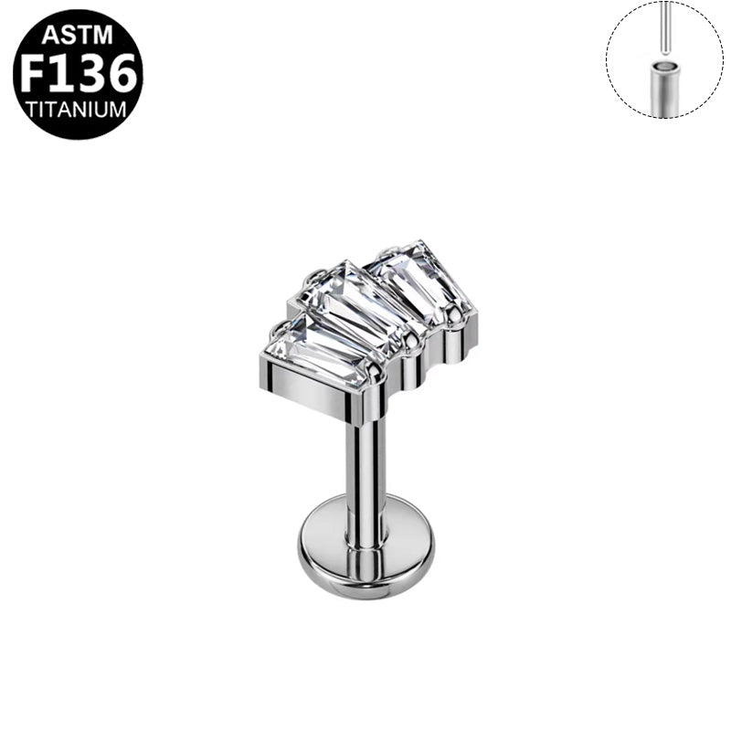 ASTM F136 Titanium 16G Triple Curved Baguette CZ Threadless Labret Implant Grade Piercing Jewelry for Flat, Helix, Cartilage