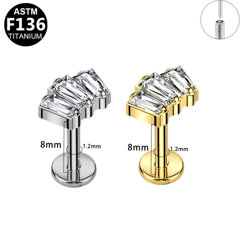 ASTM F136 Titanium 16G Triple Curved Baguette CZ Threadless Labret Implant Grade Piercing Jewelry for Flat, Helix, Cartilage