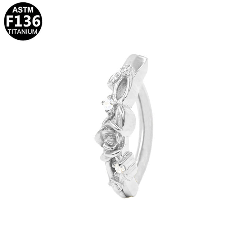 ASTM F136 Titanium 14G Rose CZ Belly Button Clicker Carved Floral Implant Grade Jewelry