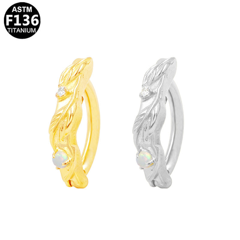 ASTM F136 Titanium 14G Feather Belly Button Clicker Opal & CZ Floral Implant Grade Piercing Jewelry