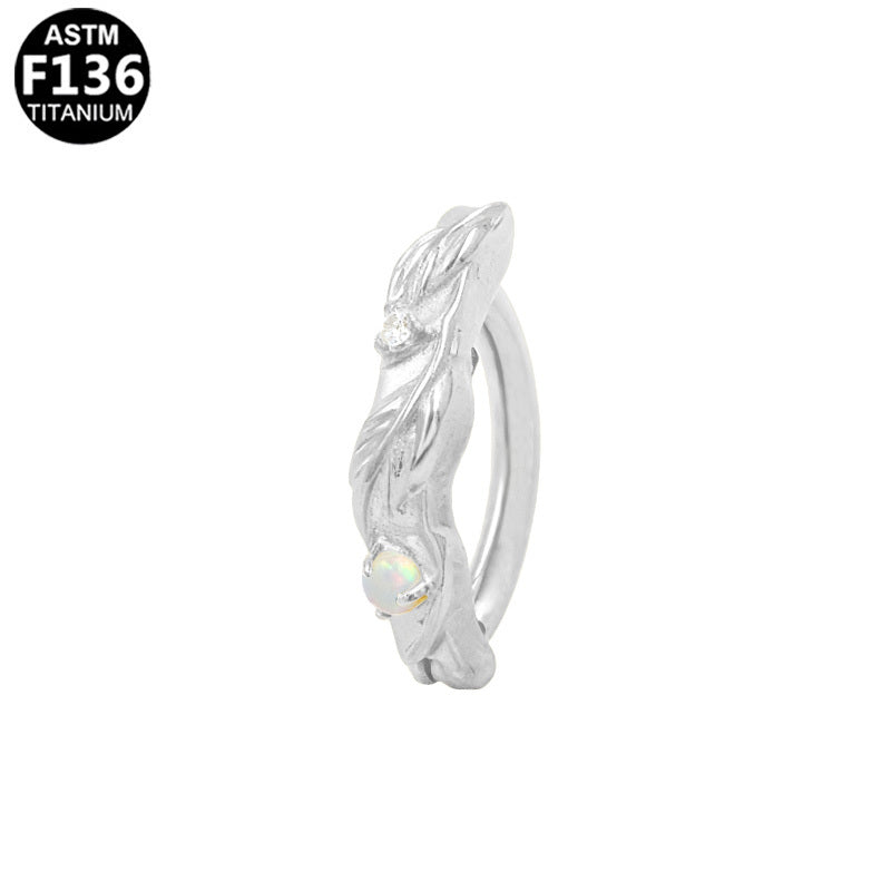 ASTM F136 Titanium 14G Feather Belly Button Clicker Opal & CZ Floral Implant Grade Piercing Jewelry