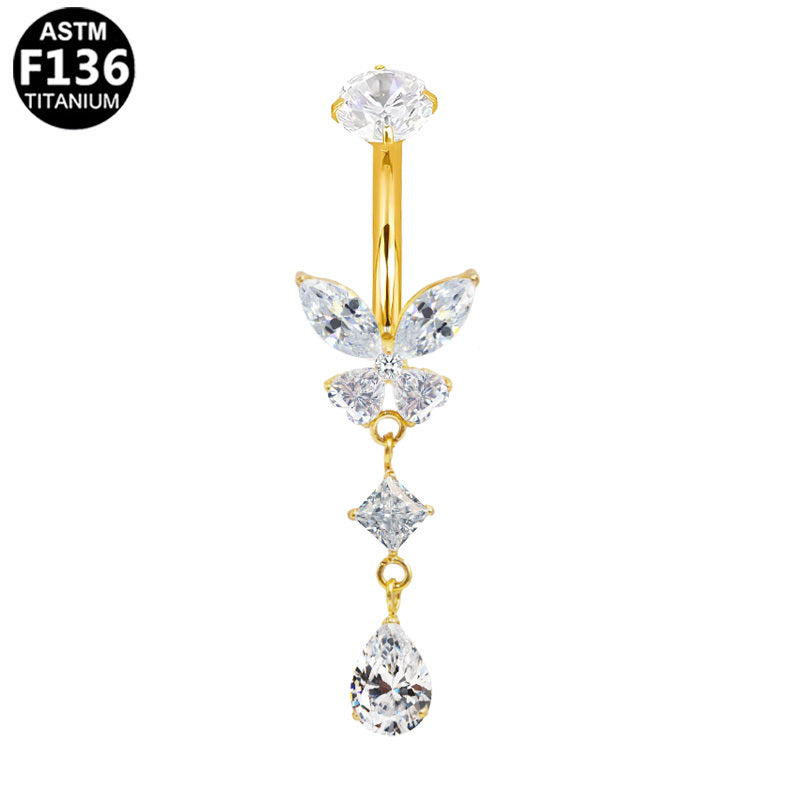 ASTM F136 Titanium 14G Butterfly Dangle Marquise CZ Internal Thread Belly Button Ring Implant Grade Body Piercing Jewelry