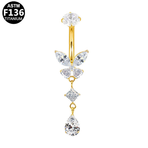 ASTM F136 Titanium 14G Butterfly Dangle Marquise CZ Internal Thread Belly Button Ring Implant Grade Body Piercing Jewelry