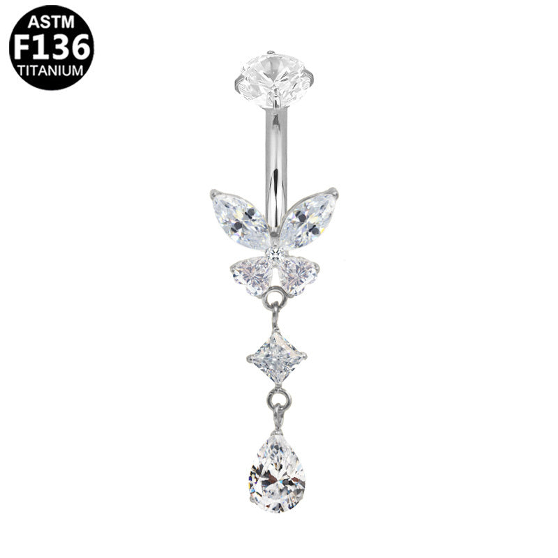ASTM F136 Titanium 14G Butterfly Dangle Marquise CZ Internal Thread Belly Button Ring Implant Grade Body Piercing Jewelry