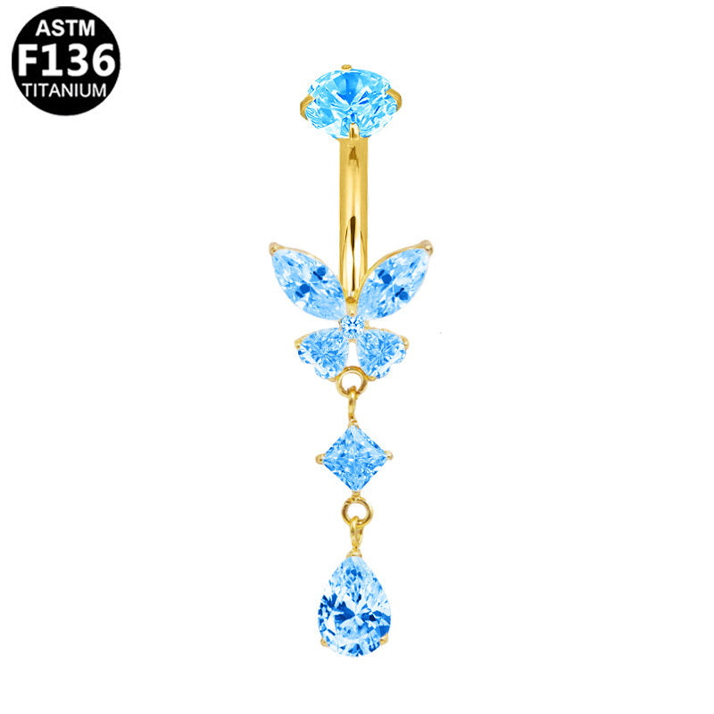 ASTM F136 Titanium 14G Butterfly Dangle Marquise CZ Internal Thread Belly Button Ring Implant Grade Body Piercing Jewelry