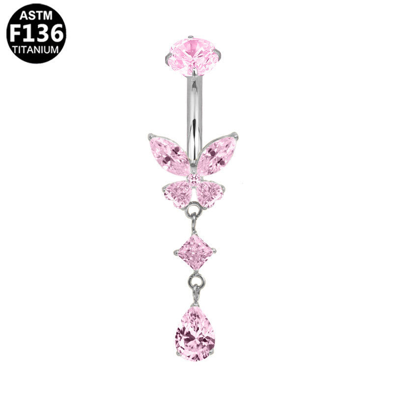 ASTM F136 Titanium 14G Butterfly Dangle Marquise CZ Internal Thread Belly Button Ring Implant Grade Body Piercing Jewelry