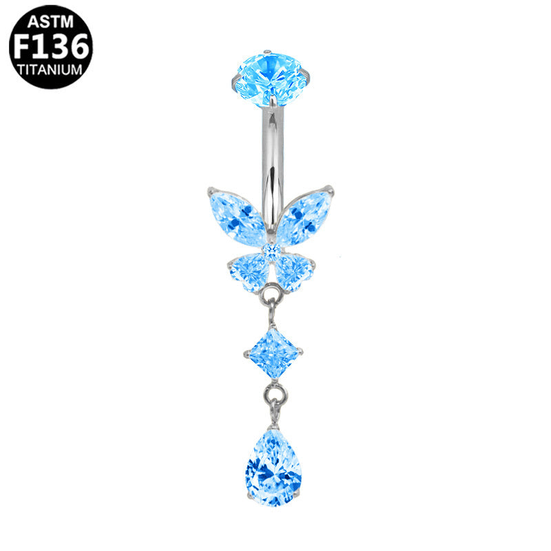 ASTM F136 Titanium 14G Butterfly Dangle Marquise CZ Internal Thread Belly Button Ring Implant Grade Body Piercing Jewelry
