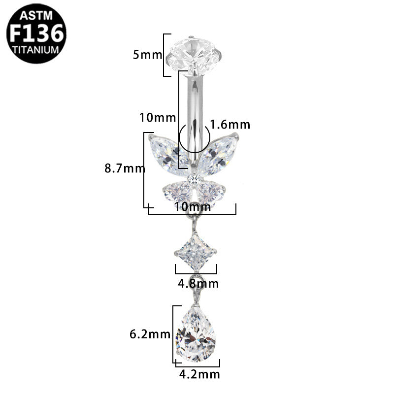ASTM F136 Titanium 14G Butterfly Dangle Marquise CZ Internal Thread Belly Button Ring Implant Grade Body Piercing Jewelry