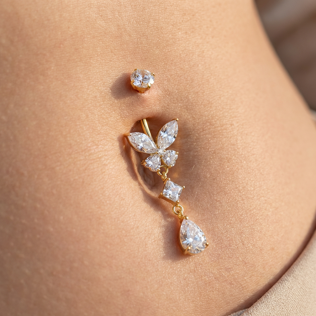 ASTM F136 Titanium 14G Butterfly Dangle Marquise CZ Internal Thread Belly Button Ring Implant Grade Body Piercing Jewelry