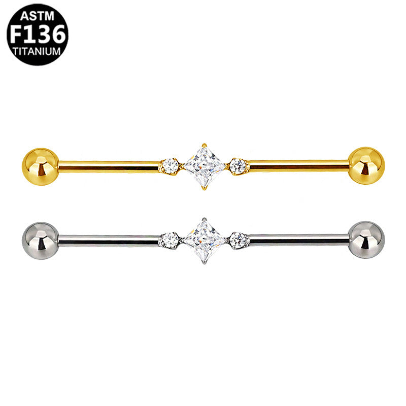 ASTM F136 Titanium 14G Industrial Barbell Geometric CZ Pave Scaffold Earring Implant Grade Cartilage Jewelry