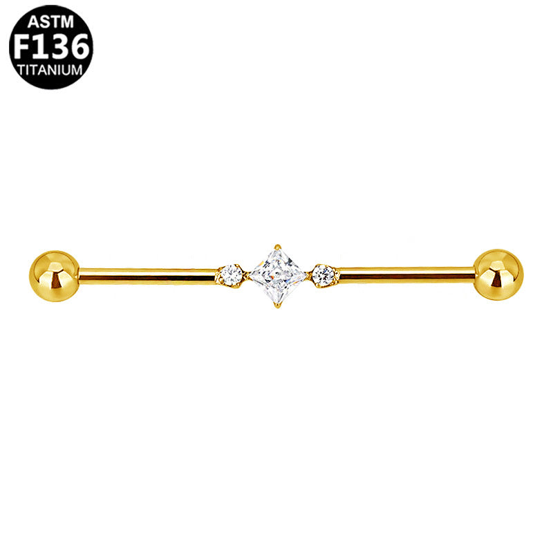 ASTM F136 Titanium 14G Industrial Barbell Geometric CZ Pave Scaffold Earring Implant Grade Cartilage Jewelry