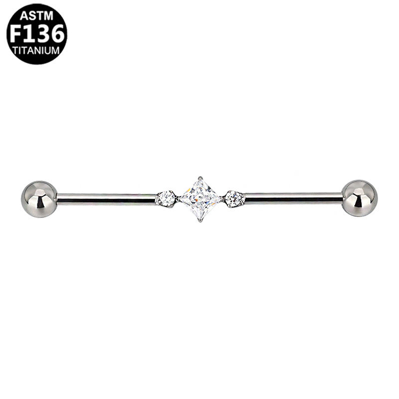 ASTM F136 Titanium 14G Industrial Barbell Geometric CZ Pave Scaffold Earring Implant Grade Cartilage Jewelry
