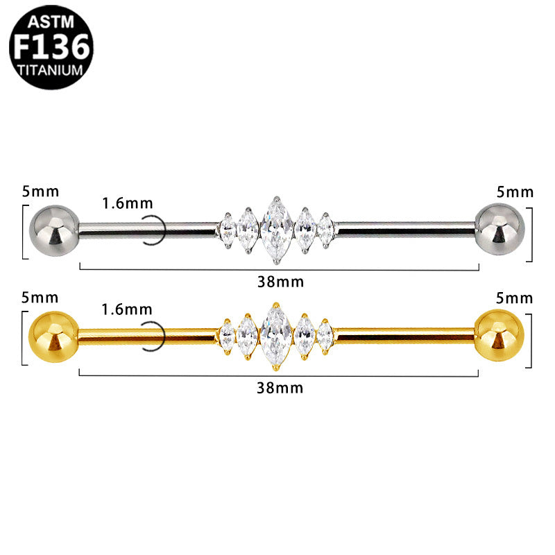 ASTM F136 Titanium 14G 5-Stone Marquise CZ Pave Industrial Barbell Scaffold Earring Implant Grade Cartilage Piercing Jewelry