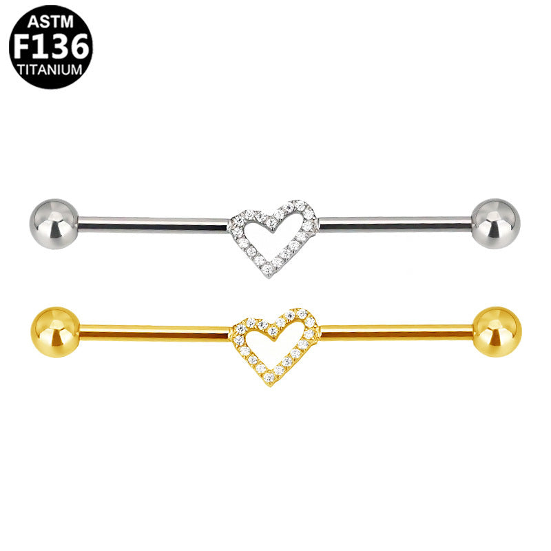 ASTM F136 Titanium 14G Pave Heart Industrial Barbell Heart Silhouette Scaffold Earring Implant Grade Jewelry
