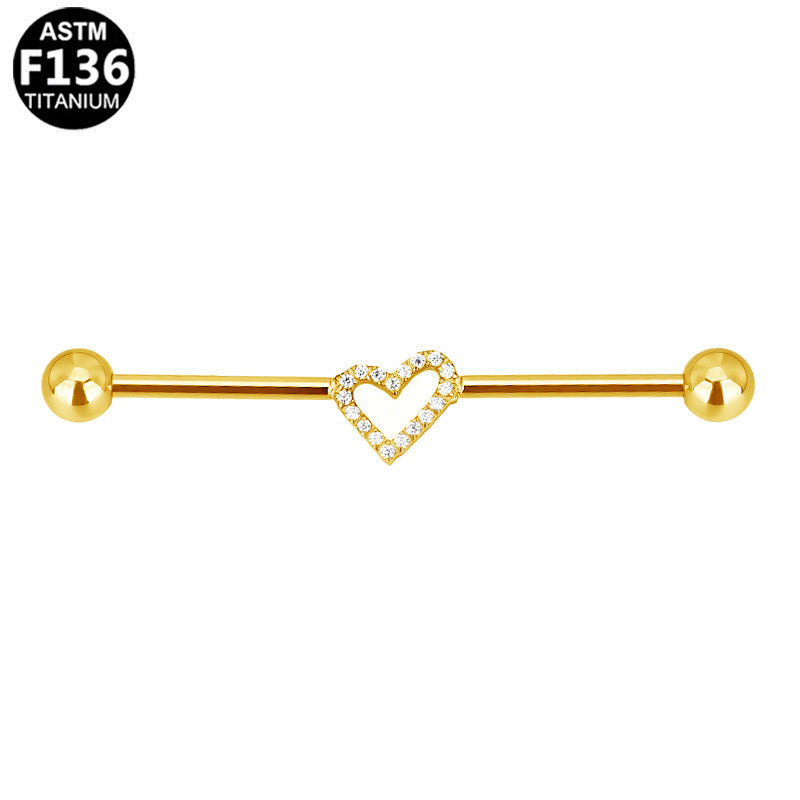 ASTM F136 Titanium 14G Pave Heart Industrial Barbell Heart Silhouette Scaffold Earring Implant Grade Jewelry