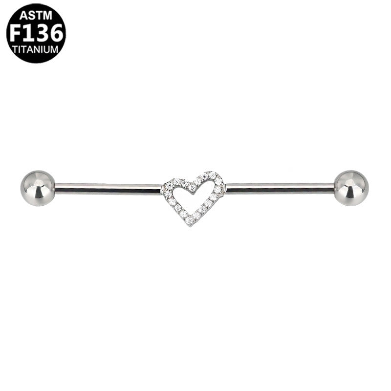ASTM F136 Titanium 14G Pave Heart Industrial Barbell Heart Silhouette Scaffold Earring Implant Grade Jewelry