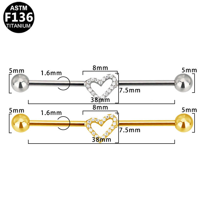 ASTM F136 Titanium 14G Pave Heart Industrial Barbell Heart Silhouette Scaffold Earring Implant Grade Jewelry