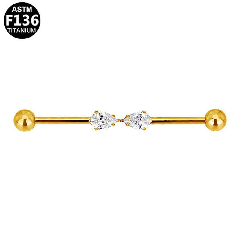 ASTM F136 Titanium 14G Twin Pear Industrial Barbell Opposing Pear-Cut CZ Hypoallergenic Implant Grade Jewelry