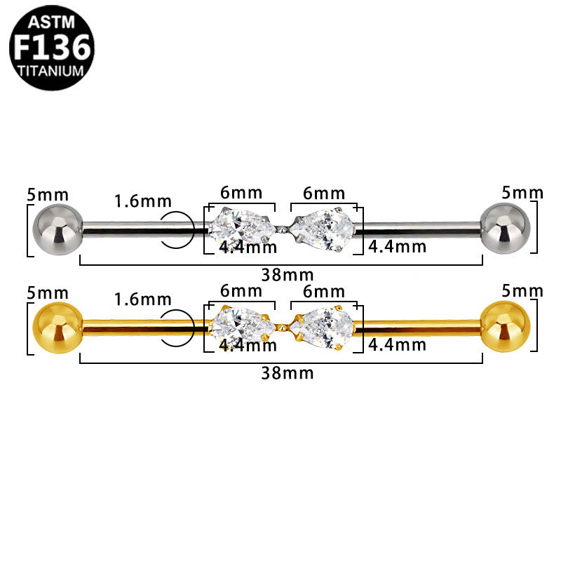ASTM F136 Titanium 14G Twin Pear Industrial Barbell Opposing Pear-Cut CZ Hypoallergenic Implant Grade Jewelry