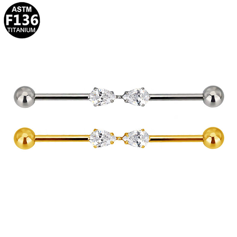 ASTM F136 Titanium 14G Twin Pear Industrial Barbell Opposing Pear-Cut CZ Hypoallergenic Implant Grade Jewelry