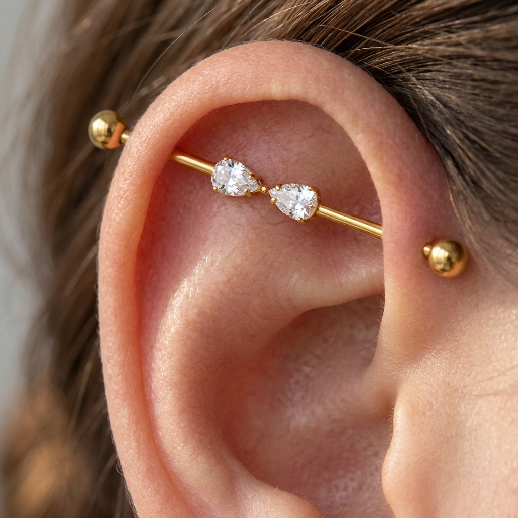 ASTM F136 Titanium 14G Twin Pear Industrial Barbell Opposing Pear-Cut CZ Hypoallergenic Implant Grade Jewelry