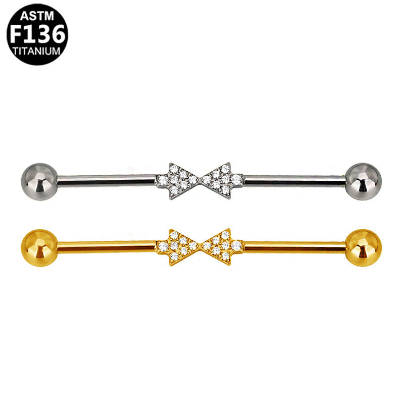 ASTM F136 Titanium 14G Pave Bow Industrial Barbell Scaffold Earring Hypoallergenic Implant Grade Jewelry