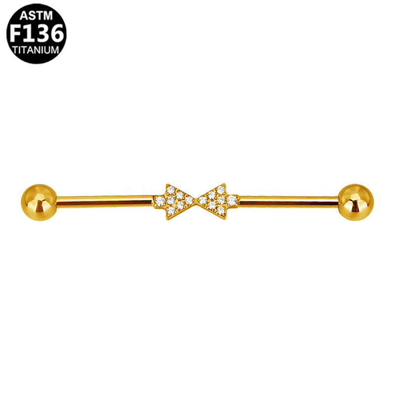 ASTM F136 Titanium 14G Pave Bow Industrial Barbell Scaffold Earring Hypoallergenic Implant Grade Jewelry