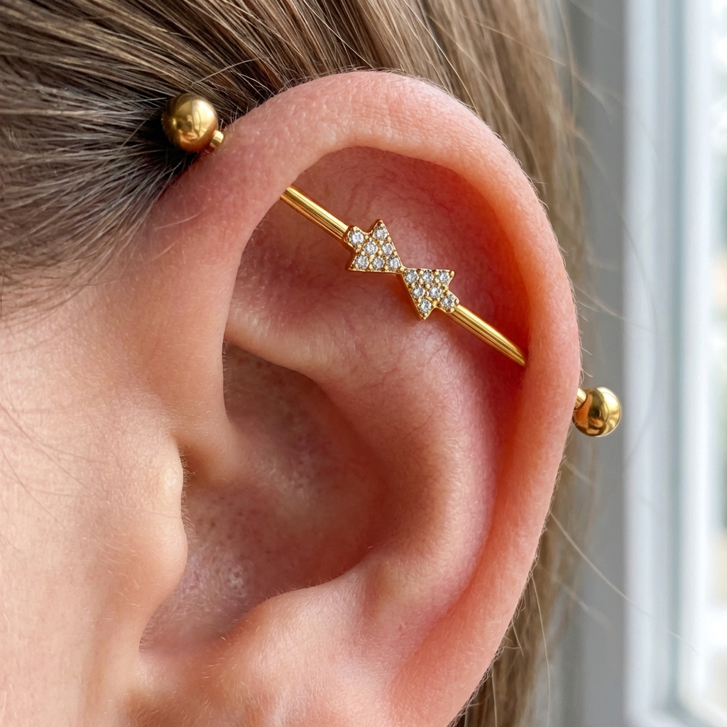 ASTM F136 Titanium 14G Pave Bow Industrial Barbell Scaffold Earring Hypoallergenic Implant Grade Jewelry