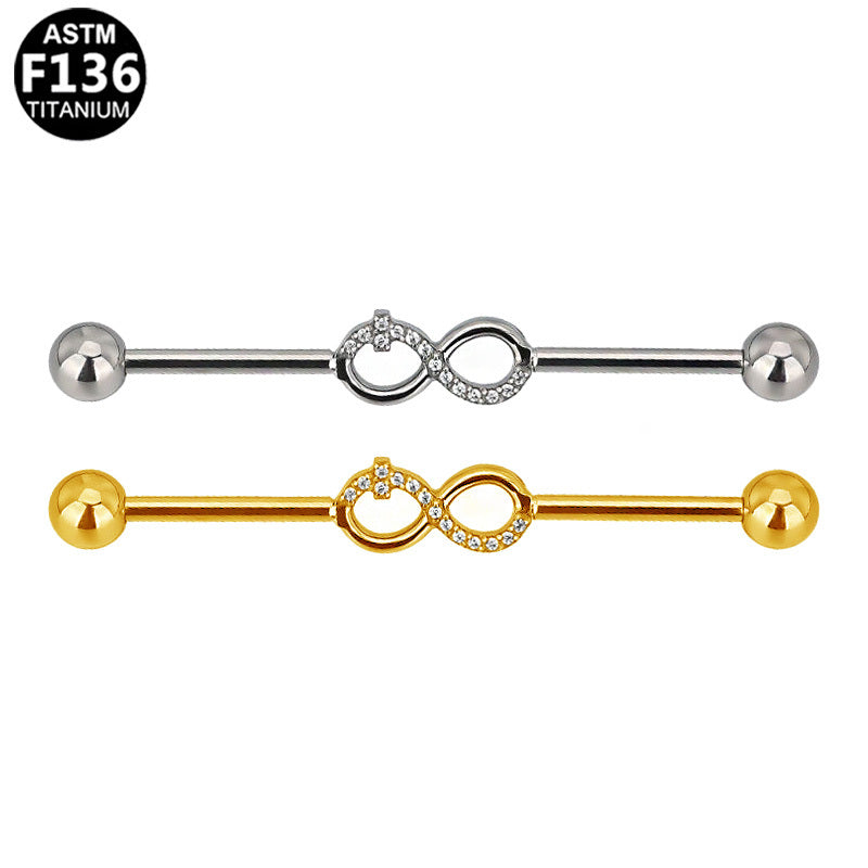 ASTM F136 Titanium 14G Infinity Industrial Barbell Partial Pave CZ Scaffold Earring Hypoallergenic Implant Grade Jewelry