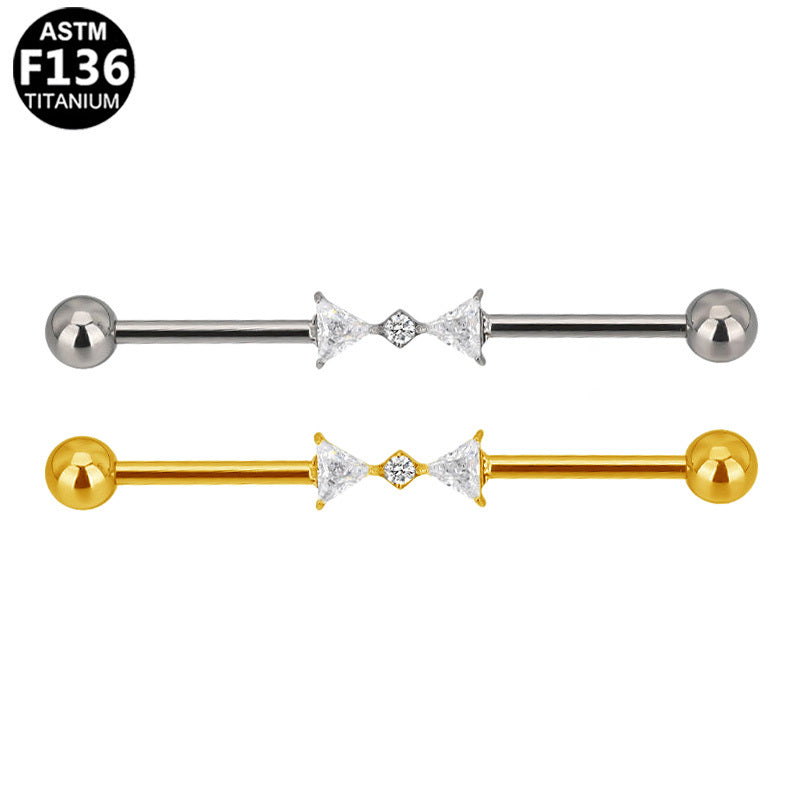 ASTM F136 Titanium 14G Triangle Bow Industrial Barbelln CZ Scaffold Earring Hypoallergenic Implant Grade Jewelry