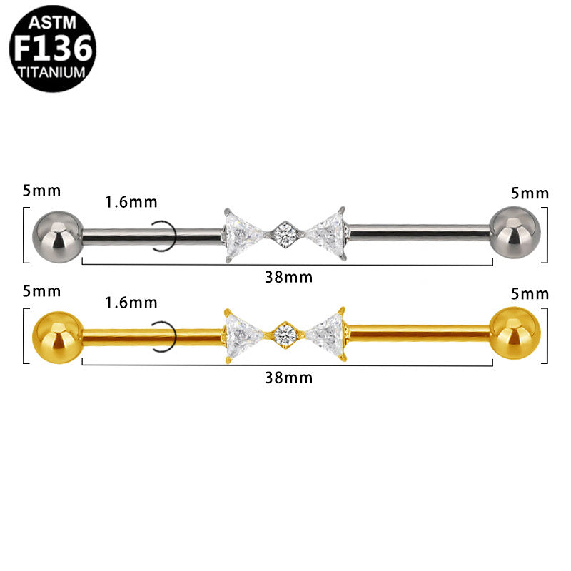 ASTM F136 Titanium 14G Triangle Bow Industrial Barbelln CZ Scaffold Earring Hypoallergenic Implant Grade Jewelry