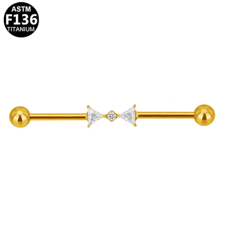 ASTM F136 Titanium 14G Triangle Bow Industrial Barbelln CZ Scaffold Earring Hypoallergenic Implant Grade Jewelry