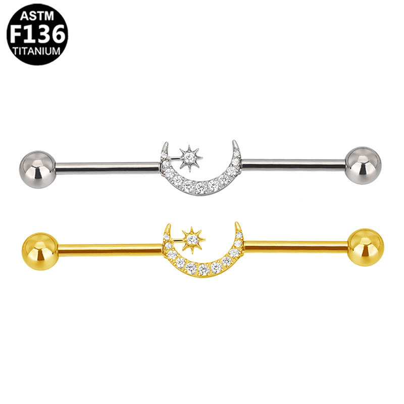 ASTM F136 Titanium 14G Celestial Moon & Star Industrial Barbell CZ Scaffold Earring Hypoallergenic Piercing Jewelry