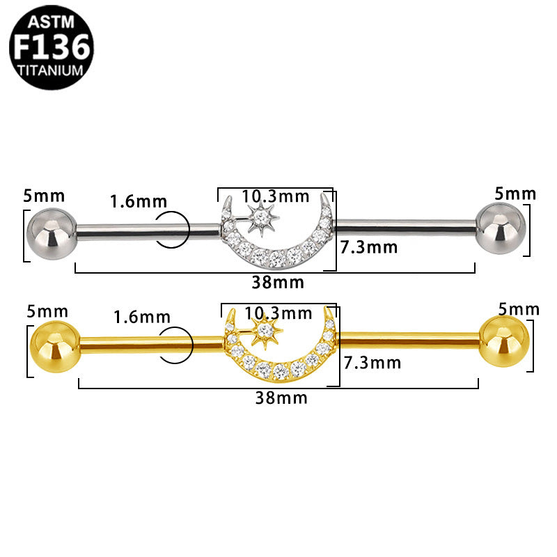 ASTM F136 Titanium 14G Celestial Moon & Star Industrial Barbell CZ Scaffold Earring Hypoallergenic Piercing Jewelry
