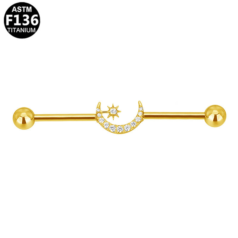 ASTM F136 Titanium 14G Celestial Moon & Star Industrial Barbell CZ Scaffold Earring Hypoallergenic Piercing Jewelry
