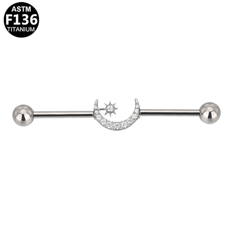 ASTM F136 Titanium 14G Celestial Moon & Star Industrial Barbell CZ Scaffold Earring Hypoallergenic Piercing Jewelry