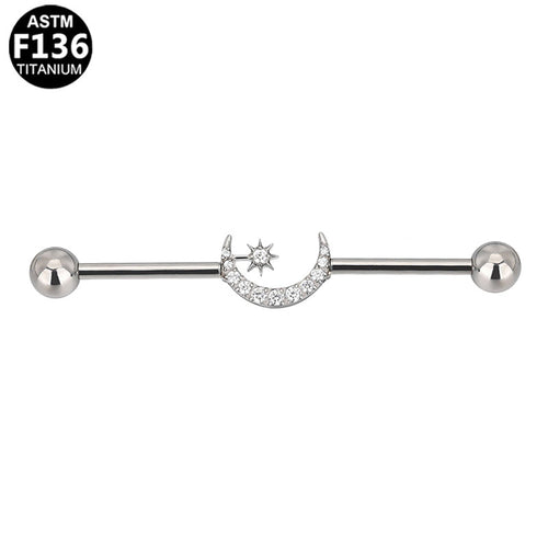 ASTM F136 Titanium 14G Celestial Moon & Star Industrial Barbell CZ Scaffold Earring Hypoallergenic Piercing Jewelry