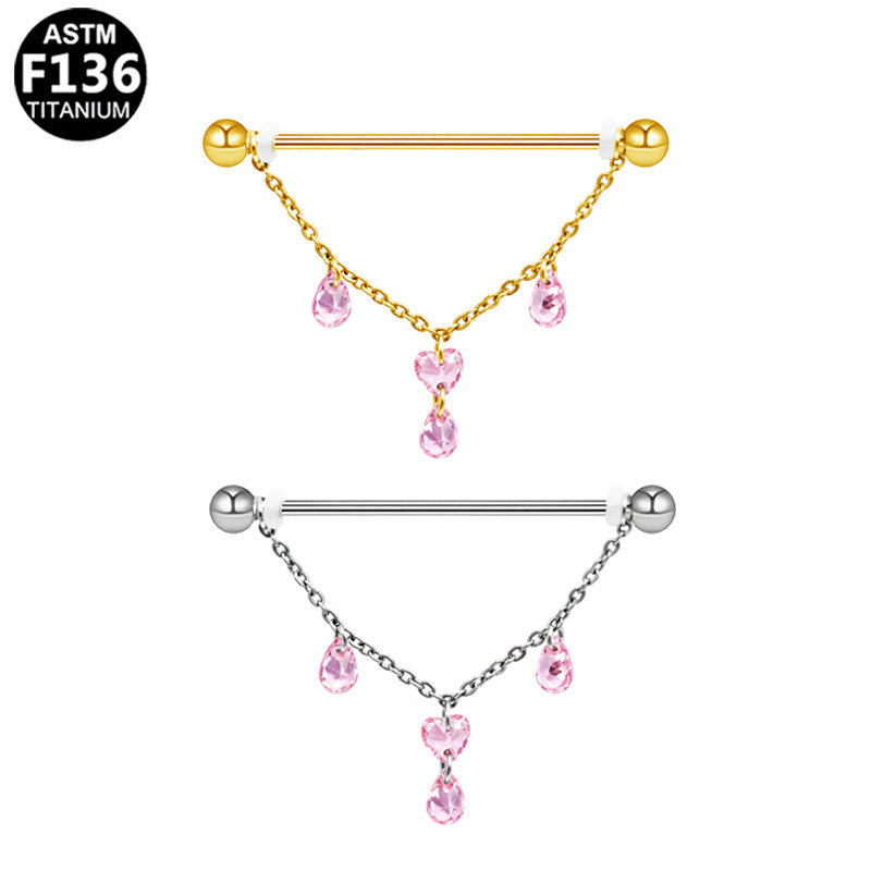 ASTM F136 Titanium 14G Pink Heart & Teardrop CZ Dangle External Thread Industrial Barbell Hypoallergenic Piercing Jewelry