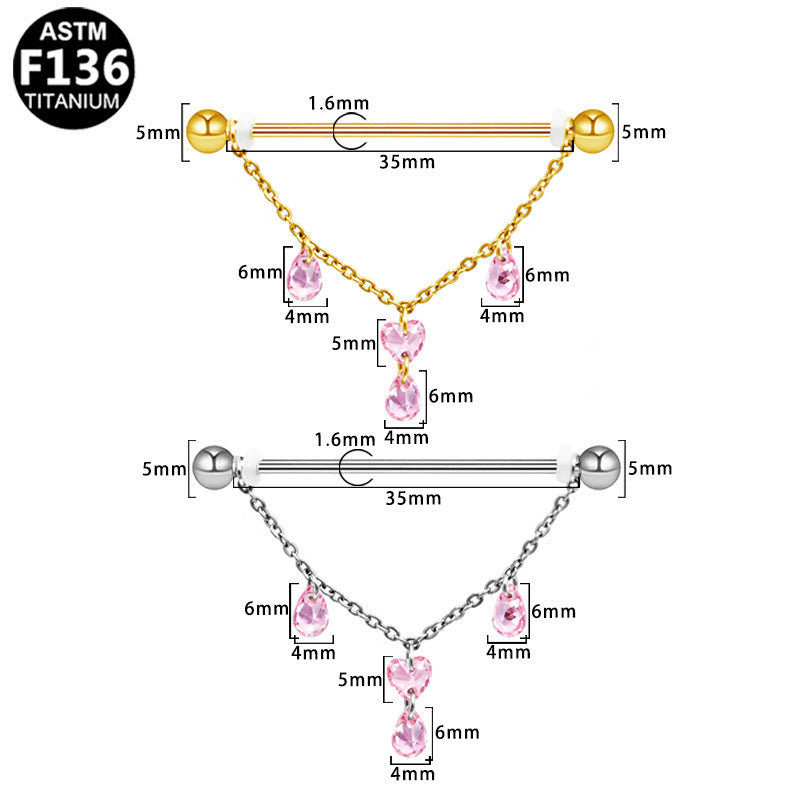 ASTM F136 Titanium 14G Pink Heart & Teardrop CZ Dangle External Thread Industrial Barbell Hypoallergenic Piercing Jewelry