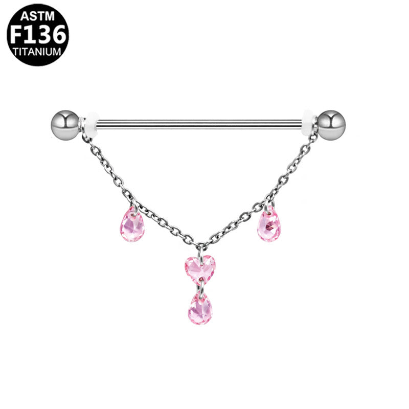ASTM F136 Titanium 14G Pink Heart & Teardrop CZ Dangle External Thread Industrial Barbell Hypoallergenic Piercing Jewelry