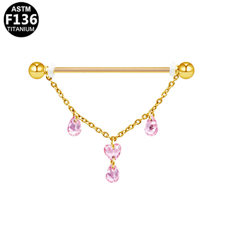 ASTM F136 Titanium 14G Pink Heart & Teardrop CZ Dangle External Thread Industrial Barbell Hypoallergenic Piercing Jewelry