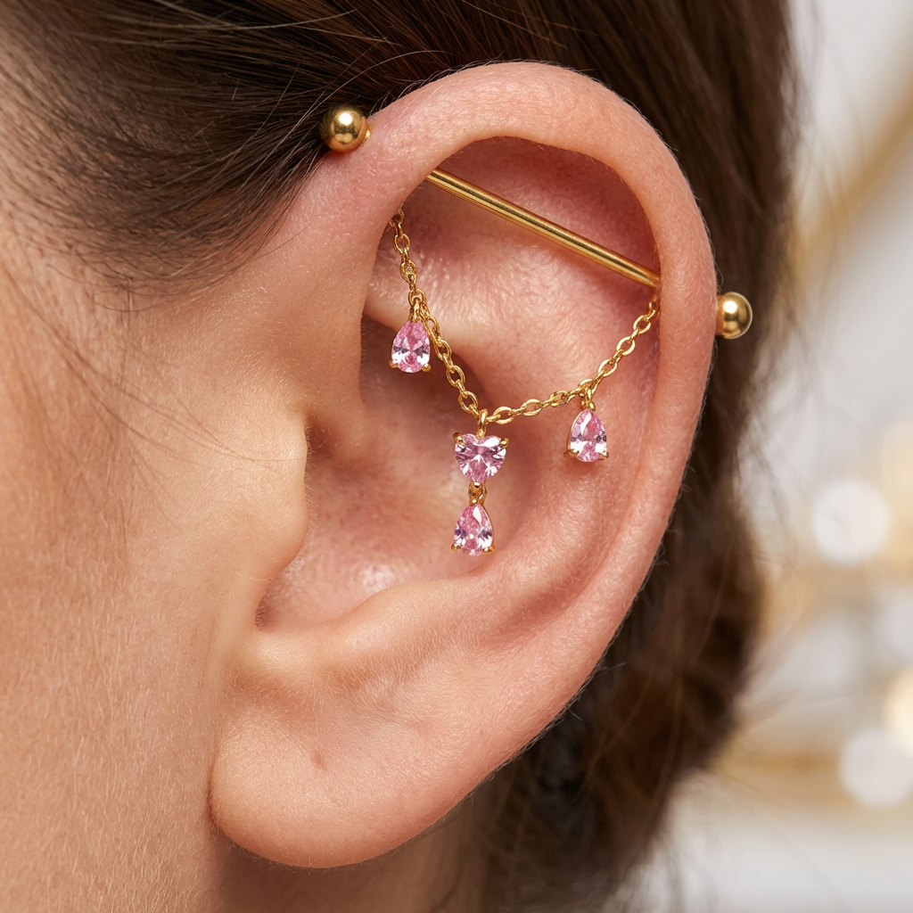 ASTM F136 Titanium 14G Pink Heart & Teardrop CZ Dangle External Thread Industrial Barbell Hypoallergenic Piercing Jewelry