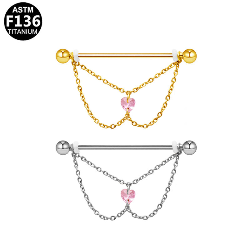 ASTM F136 Titanium 14G Layered Double Chains External Thread Industrial Barbell Pink Heart CZ Scaffold Earring Hypoallergenic Piercing Jewelry