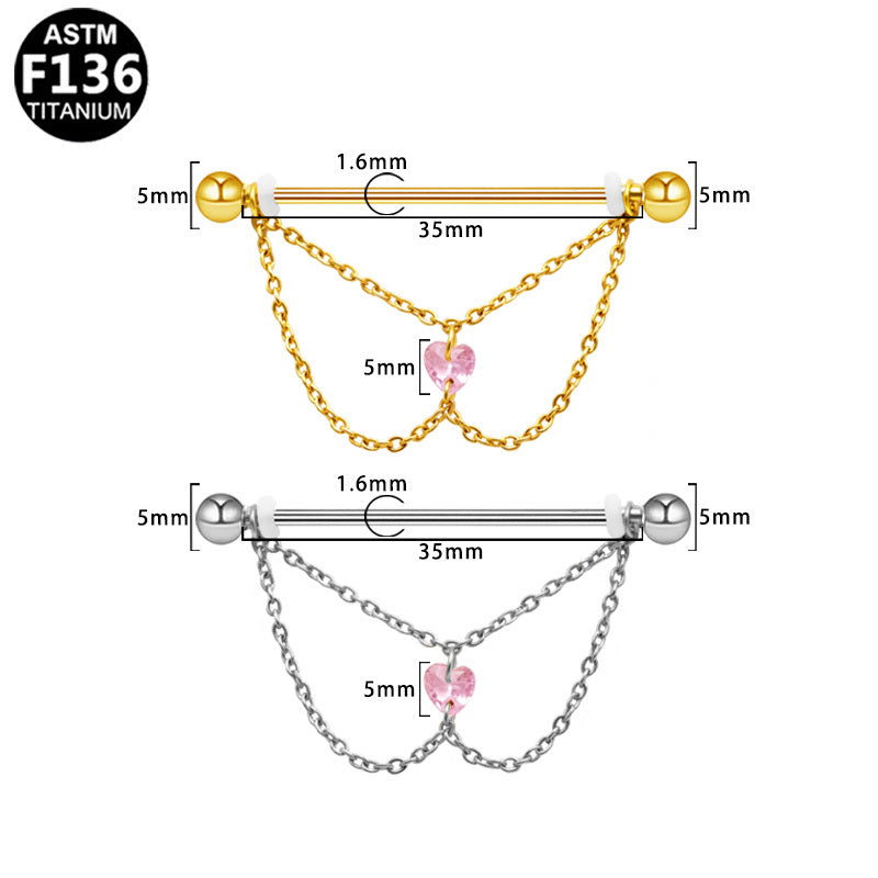 ASTM F136 Titanium 14G Layered Double Chains External Thread Industrial Barbell Pink Heart CZ Scaffold Earring Hypoallergenic Piercing Jewelry